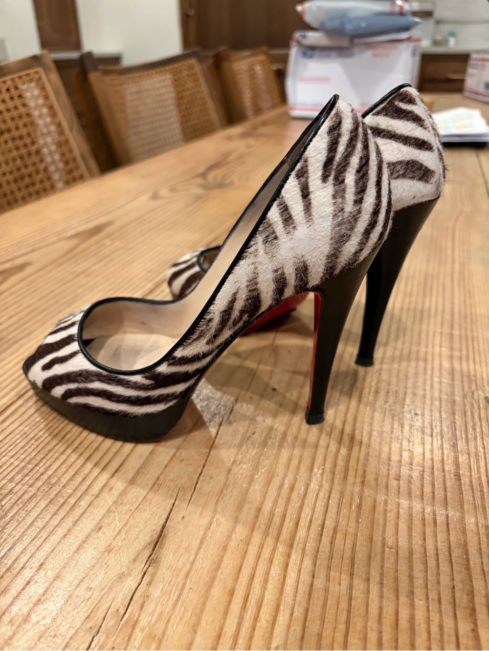 Christian Louboutin Zebra Print Peep-Toe Pumps with Red Soles - Picture 2 of 5